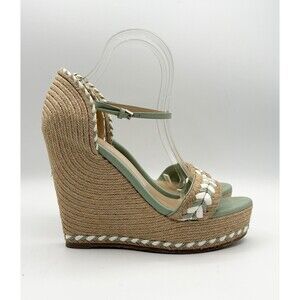 Gucci Light Green Leather & Rattan Wedge Espadrille Sandals Sz EU 38